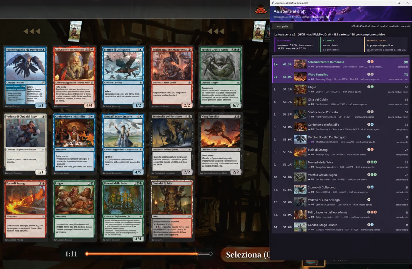 Un Draft su Arena con la finestra dell'Assistente al Draft a destra: la busta in ordine, le due scelte suggerite in evidenza.